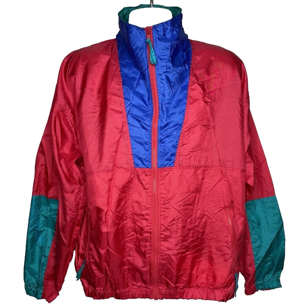 Vintage 80s Surf Gear Windbreaker Jacket Size XL Red Blue Color Block Full Zip